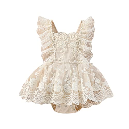 imKutie Baby Girl Romper, Infant Lace Embroidery Ruffle Boho Princess Tulle Dress Half 1st 2nd Birthday Cake Smash Outfits Photoshoot Clothes 0-24 Months Apricot 