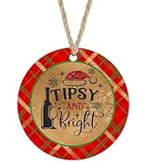 Tipsy and Bright Red & Green Plaid Round Ornament MDF Wood Funny Stocking Stuffer Gift Handmade b...