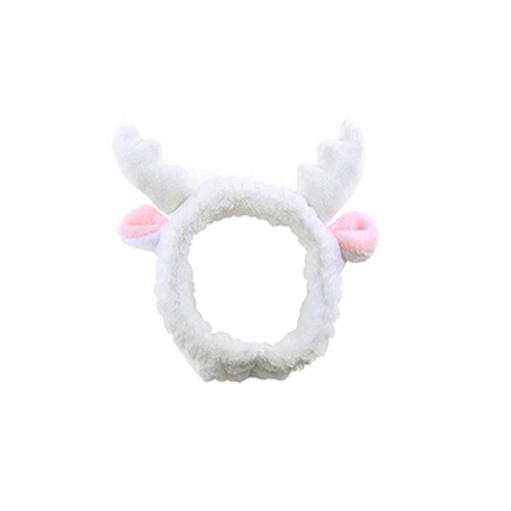 RKPM HOMES Cute Deer Antler Cat Ears Plush Headbands Soft Elastic Hair Loop Hair Bands Facial Makeup Wrap for Women Shower SPA Mask White