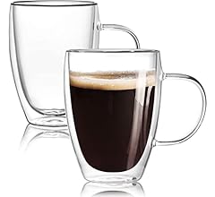 2-Pack Double Walled Glass Coffee Mugs with Handle,Insulated Layer Coffee Cups,Clear Borosilicate Glass Mugs,Perfect for Ca…