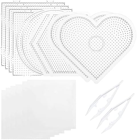 Perler Bead Pegboards, Dedoot 18 Pieces 5mm Fuse Bead Board Clear Plastic Perler Bead Design Square Boards (10 Board + 6 Ironing Paper + 2 Beads Tweezers) for DIY Craft Beads