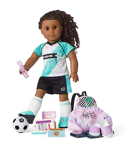 American Girl Truly Me 18-inch Doll 67 and School Day to Soccer Play Set with Brown Eyes, Curly Black-Brown Hair, deep Brown Skin, Neutral Undertones, tie-dye Sweatshirt, Supplies, Game Gear Ages 6+