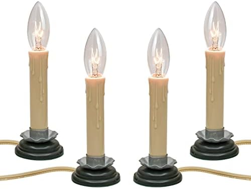 Set of 4 Christmas Electric Window Candles, 5 Inch Window Candle Lamps with 7 Watt Light Bulbs, Plug in Electric Country Candles with Black Plum Iron Base, Turn On/Off Switch Candlesticks, Ivory Cord