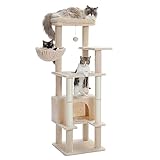 PEQULTI 54'' Cat Tree for Large Cats, Tall Cat Tower with Cozy Cat Condo, Cat Scratching Posts and Wide Top Perch for Indoor Cats, Beige