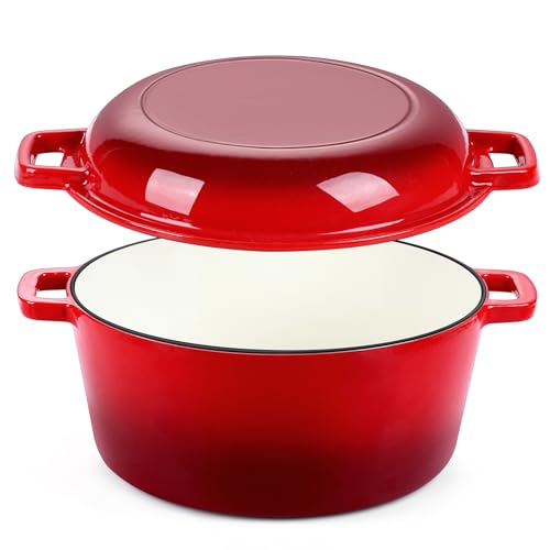 Red Enameled Dutch Oven Pot for Bread Baking, P&P CHEF 2 in 1 Round 5Qt Cast Iron Dutch Oven with Lid Set, Skillet & Pot for Roasting Braising Stewing Frying Simmering, Multi Stoves & Oven Safe