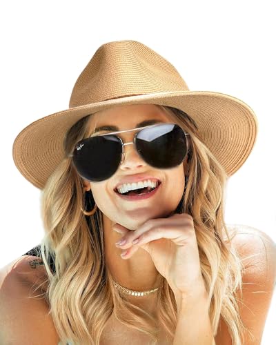 FURTALK Sun Hats for Women Summer Wide Brim UV UPF 80+ Panama Fedora Foldable Packable Straw Beach Hat Khaki