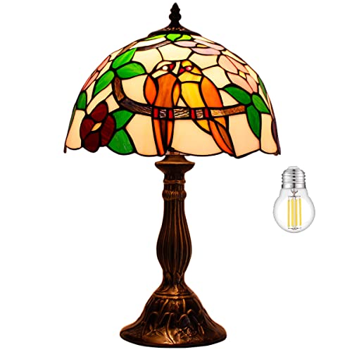 WERFACTORY Tiffany Table Lamp Stained Glass Bedside Lamp Double Tropical Birds Desk Reading Light 12X12X18 Inches Decor Nightstand Bedroom Living Room Home Office (LED Bulb Included) S803 Series