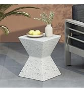 Concrete Outdoor Side Table,White Terrazzo Finish Prismatic Symmetry Cement Outdoor End Table,Wea...