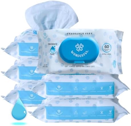 WONDERFUL Flushable Wipes 6-Pack (360 Wipes) - Unscented Wet Wipes for Adults & Kids, Hypoallergenic, Biodegradable, Sewer & Septic Safe, Gentle for Sensitive Skin - Bulk Pack for Bathroom & Travel