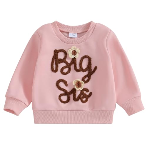 Achlibe Toddler Girl Autumn Pullovers Letter Embrioidery Print Little Sister Romper Big Sister Sweatshirt Baby Cothes (Pink, 3-4 Years) 