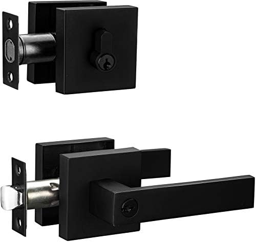 Berlin Modisch Contemporary Square Entry Lever Door Handle and Single Cylinder Deadbolt Locking Lever Handle Set [Front Door or Office] Right & Left Sided Doors Heavy Duty – Iron Black Finish