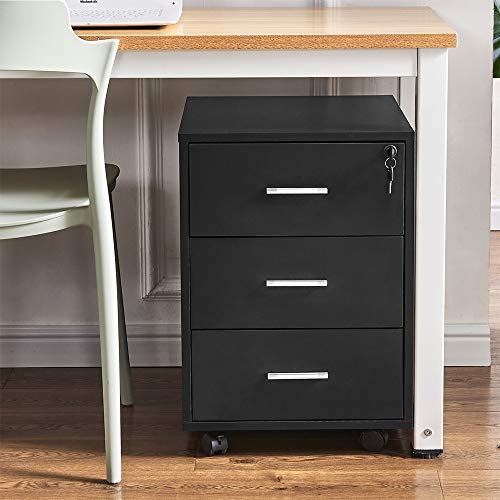 Ansley&HosHo Black Lockable Under Desk Unit Storage Cabinet 3 Drawers ...