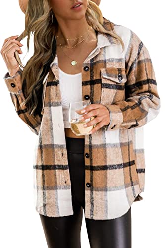 Trendy Queen Womens Flannel Shacket Casual Jacket Plaid Button Down Long Sleeve Shirt Fall Winter Outfits, Apricot, L