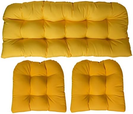 RSH Décor: 3 Piece Tufted Wicker Settee and Chair Cushion Set | Indoor/Outdoor All Weather Sunbrella Fabric | Reversible | 1 Loveseat 41” x 19" & 2 U-Shape 19" x 19" | Canvas Sunflower Yellow