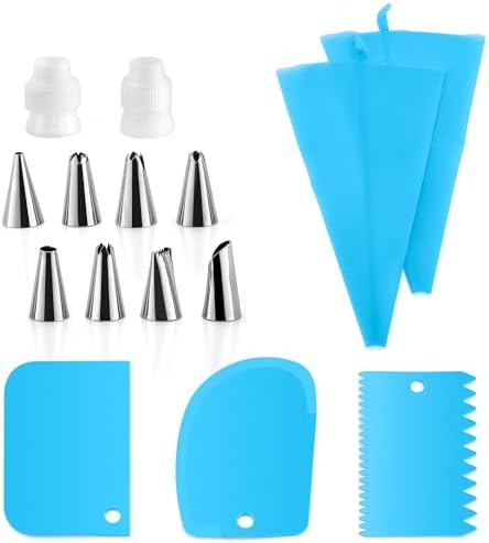 E-far Piping Bags and Tips Set, Cake Decorating Kit Baking Supplies with 2 Reusable Silicone Pastry Bags, 2 Couplers, 8 Icing Tips and 3 Cake Scrapers, Baking Decorating Tools for Cake Cookie Cupcake