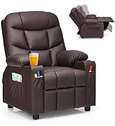 Costzon Kids Recliner Chair with Cup Holder, Adjustable Leather Lounge Chair w/Footrest & Side Po...