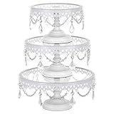 Amalfi Decor Cake Stand with Glass Tops, Round Metal Pedestal Holder with Crystals, White, Set of 3