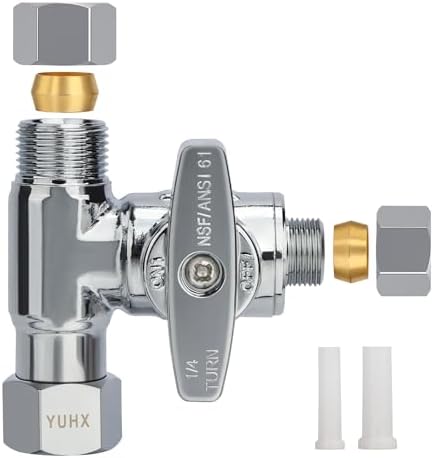 Brass Angle Stop Add-A-Tee Valve, 3/8 x 3/8 x 1/4 Compression Tee Valve,Feed Water Adapter for Refrigerators, Ice maker, Reverse Osmosis,RO Water Filter Systems, 3 Way Diverter Water Line Splitter