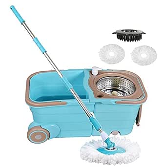 Spin Mop Bucket with Wringer - Deluxe Stainless Steel 360 Spin Dry Basket &amp; Telescopic Handle Pole, Hurricane Spinning Mop Bucket Kit, 2 Microfiber Heads Replacement