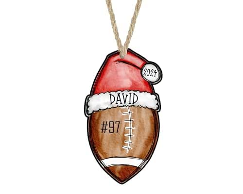 Personalized Football Sports Ball Santa Hat Christmas Ornament Custom Name for Player Coach Mom Dad Grandma MDF Hardboard Wood Handmade by The Painted Pug (Football)