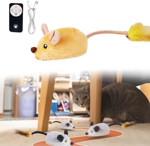 Interactive Cat Toys, Indoor Remote Control Cat Toys, Automatic Cat Toys Mouse, Simulation Plush Rechargeable Mobile Cat Mouse Toys with Lights will Automatically Turn The Cat Chase Toys (Yellow)