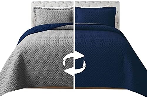 Elegant Comfort 3-Piece Quilted Reversible Bedspread Coverlet Set with Pillow Shams, Exquisite Majestic Stitching All Season Heavy Weight - Ultra Soft Premium Quilt- Twin XL, Navy/Gray