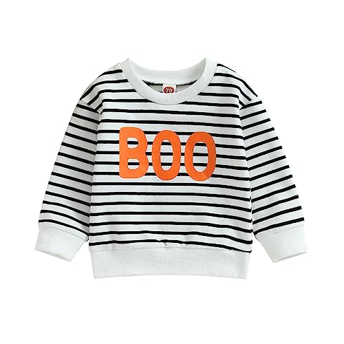 XIXIMAON Newborn Baby Boys Girls Halloween Sweatshirt Toddlers Boo Striped Pullover Crew Neck Long Sleeve Tops Fall Clothes (Striped White, 12-18 Months) 