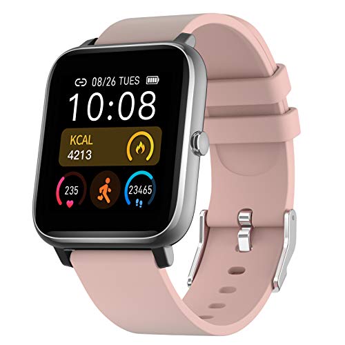 Smartwatch, Reloj Inteligente Hombre Mujer niños, Impermeable Rastreador de Actividad con Monitor de Pulso Cardiaco, Reloj Inteligente con Control Bluetooth Android iOS (Rosa)