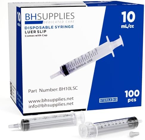 BH Supplies 10ml Luer Slip Tip Syringe - with Caps (No Needle) - Sterile, Individually Wrapped - 100 Syringes