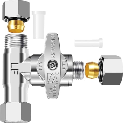 Tee Stop Valve - 3/8 Comp x 3/8 Comp x 1/4 Comp Brass Add-A-Tee Valve,Feed Water Adapter for Refrigerator,Ice Maker,Reverse Osmosis(RO) Water Filters,1/4 Comp Outlet Water Line Splitter