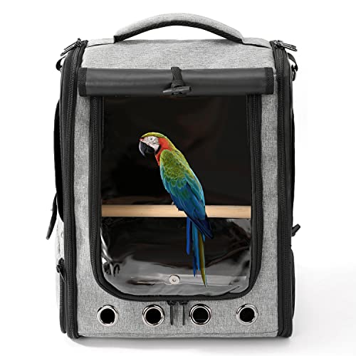 MAXPAND Portable Bird Carrier Backpack with Perch and Feeder Parrot Backpack Carrier with Perch Pet Bird with Stainless Steel Tray with YKK Zipper, 12.5 Inches x 11 Inches x 16 Inches, GREY