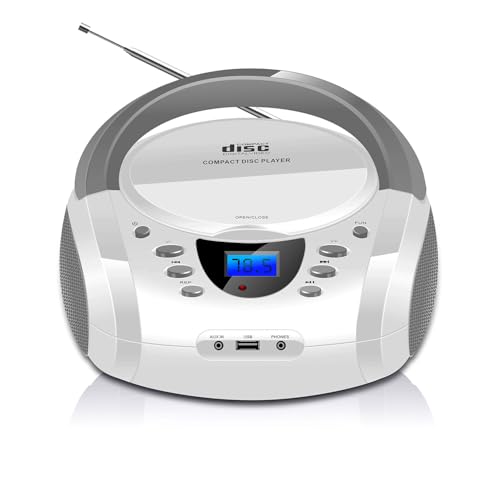 LONPOO CD Player Portable Boombox with FM Radio/USB/Bluetooth/AUX Input and Earphone Jack Output, Stereo Sound Speaker & Audio Player,White