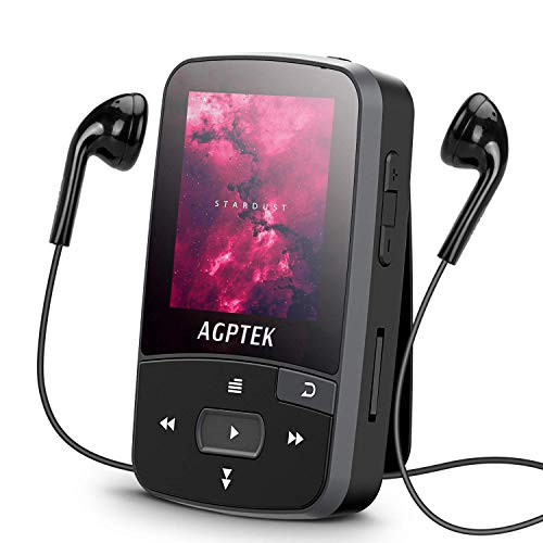 16GB Clip MP3 Player with Bluetooth 4.0, AGPTEK A50S Lossless Sound Music Player with Armband for Sports, Supports FM Radio Voice Recording and 128GB Expanding, Black