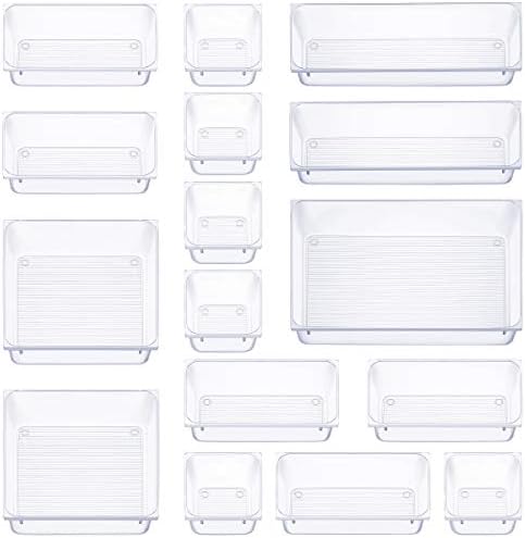 16 PCS Clear Plastic Drawer Organizers Set, 5-Size Versatile Bathroom and Vanity Drawer Organizer Trays, Storage Bins for Makeup, Bedroom, Kitchen Gadgets Utensils and Office Accessories