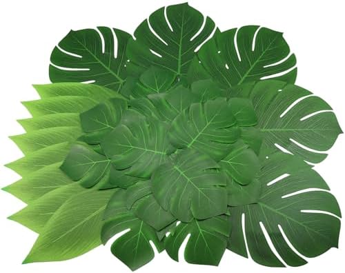 Lorigun Artificial Palm Leaves, 50 Pcs Fake Tropical Leaves for Party Decor Safari Jungle Leaves Hawaiian Luau Theme Party Table Decorations Faux Green Leaves for Birthday Wedding