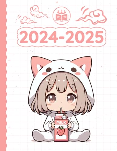 2024 2025 Anime Planner Chibi Cat Girl Drinking Strawberry Milk: Weekly and Monthly with Calendar (12 Month, Goals, Water & Sleep Tracker...) Birthday ... for Japanese Anime Lovers in School & Work