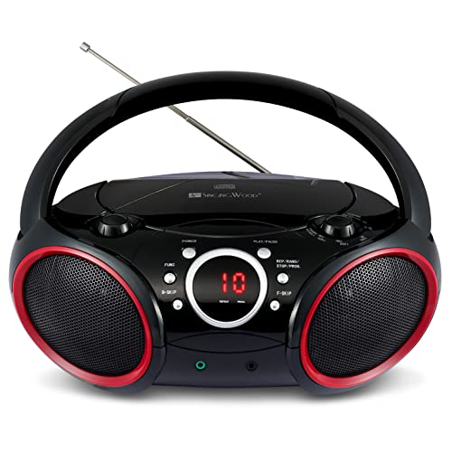 SINGING WOOD 030C Portable CD Player Boombox with AM FM Stereo Radio, Aux Line in, Headphone Jack, Supported AC or Battery Powered (Black with a touch of Red Rims)