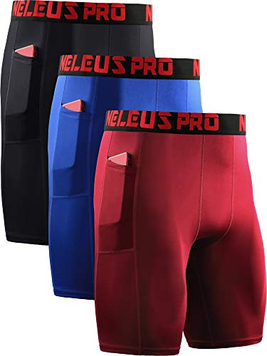 Neleus Men's 3 Pack Compression Shorts with Phone Pockets,6064,Black/Blue/Red,US M,EU L