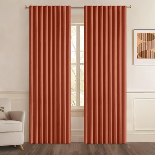 Woaboy Back Tab Burnt Orange Fall Blackout Curtains 84 Inch Length 2 Panels Set for Living Room Bedroom Pinch Pleated/Rod Pocket Room Darkening Long Ceiling Track Drapes with Hooks Terracotta/Rust