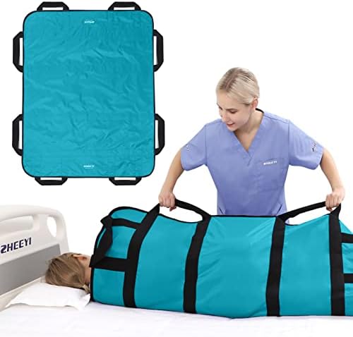 ZHEEYI Multipurpose 48" x 40" Positioning Bed Pad with Reinforced Handles - Reusable & Washable Patient Sheet for Turning, Lifting & Repositioning - Double-Sided Nylon Fabric, Peacock Blue