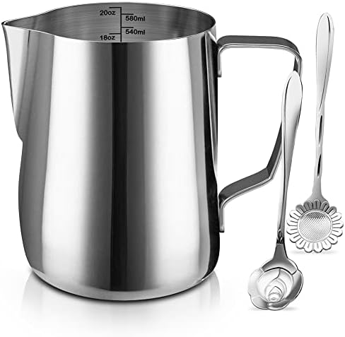 Milk Frothing Pitcher Cup, 20oz/600ML Milk Frother Cup Stainless Steel Steaming Pitcher Milk Jug Coffee Latte Art Cappuccino Espresso Machine Accessories Barista Steam Pitchers Attached Dessert Spoons