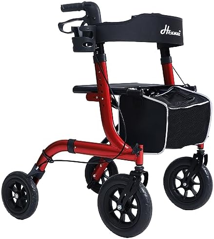 Rollator Walker for Seniors, Lightweight Foldable All Terrain Rolling Walker with seat, Aluminum Walkers with 10 inch Rubber Wheels, Handles and Backrest for Seniors and Adult