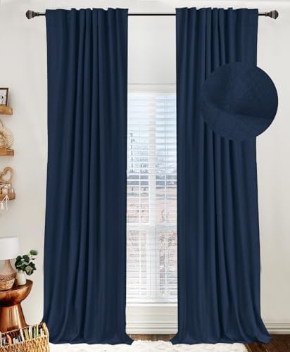 100% Blackout Shield Linen Blackout Curtains for Bedroom 96 Inches Long, Back Tab/Rod Pocket Living Room Drapes, Thermal Insulated Blackout Curtains 2 Panels Set, 50" W x 96" L, Midnight Blue