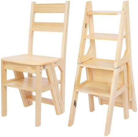 mosegor 4 Step Library Step Stool, Folding Step Ladder Chair, Solid Wood Folding Step Stool for Adults, Children's Step Stools, Dual Purpose Step Chair(Use as Chair or Ladder) for Home Kitchen Office