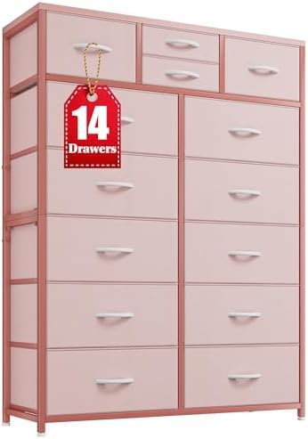 EnHomee Pink Dresser, Dresser for Girls Bedroom with 14 Fabric Drawers, Pink Dressers & Chest of Drawers Tall Dressers for Bedroom Closet,Wooden Top,Sturdy Metal Frame, 11.8" D x 37" W x 52" H