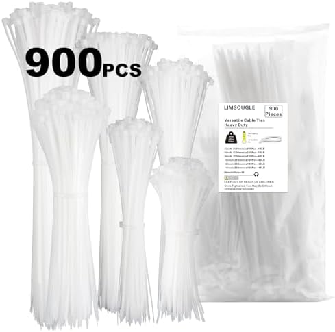 Limsougle Cable Zip Ties Assorted Sizes(14+12+10+8+6+4 Inch), 900 Pcs White zip Ties, Multi-Purpose Wire Management Self-Locking Nylon Cable Tie Wraps, Plastic Wire Ties Perfect for Outdoor Use.