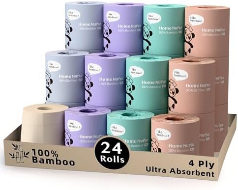 Home Nurse 100% Unbleached Bamboo Toilet Paper, 4-ply 24 Rolls, Unscented, Strong, Tree Free, FSC Certified, Absorbent, Rapid-Dissolving, Plastic-Free