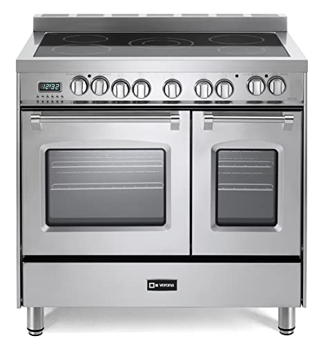 Verona Prestige Series VPFSEE365DSS 36 Inch All Electric Freestanding Range Double Oven Convection, Cooktop 5 Burners Dual Center Element Chrome Knobs and Handle Stainless Steel