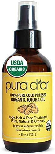 PURA D'OR Organic Jojoba Oil (4oz / 118mL) 100% Pure USDA Certified Premium Grade Natural Moisturizer: Cold Pressed,Unrefined,Hexane-Free Base Carrier for DIY Skin Care,Hair,Face & Nails