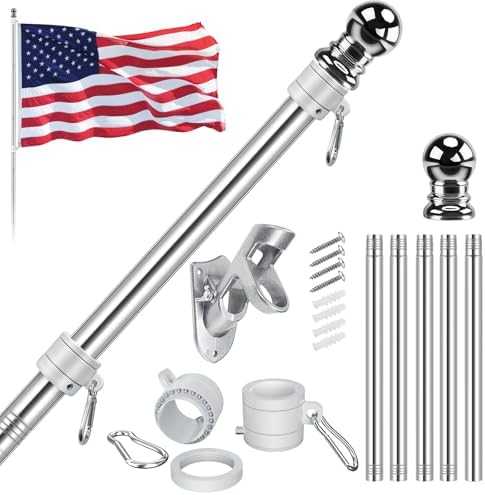 Jetlifee American Flag Pole Kit, Including 100% Polyester 3x5 ft US Flag, 5 Ft Aluminum White No Tangle Spinning Pole and Multi-Position Flag Pole Bracket